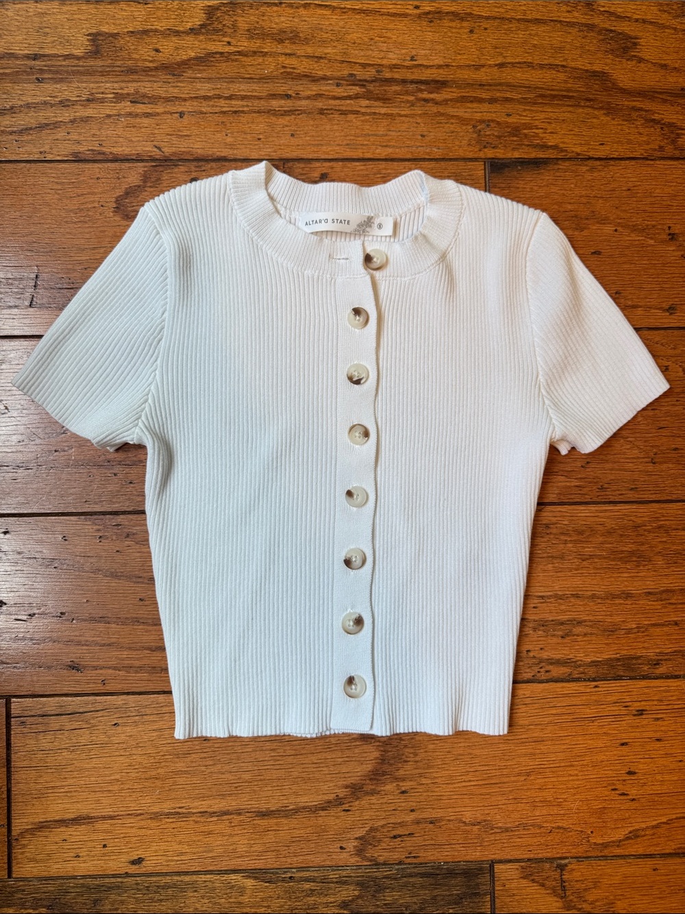 Altar’d State Ribbed Button-Front Short Sleeve Top
